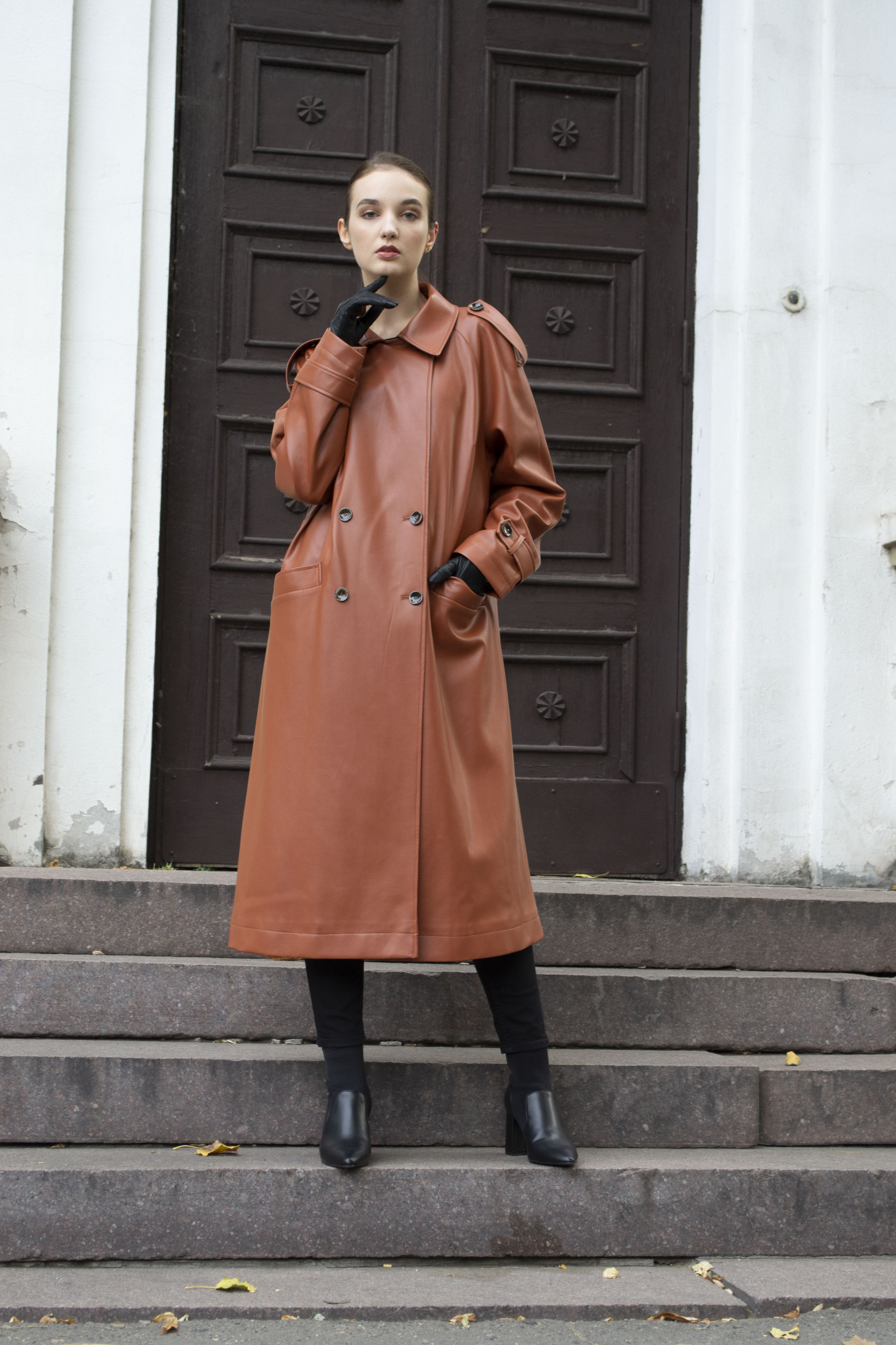 Faux leather trench coat in terra