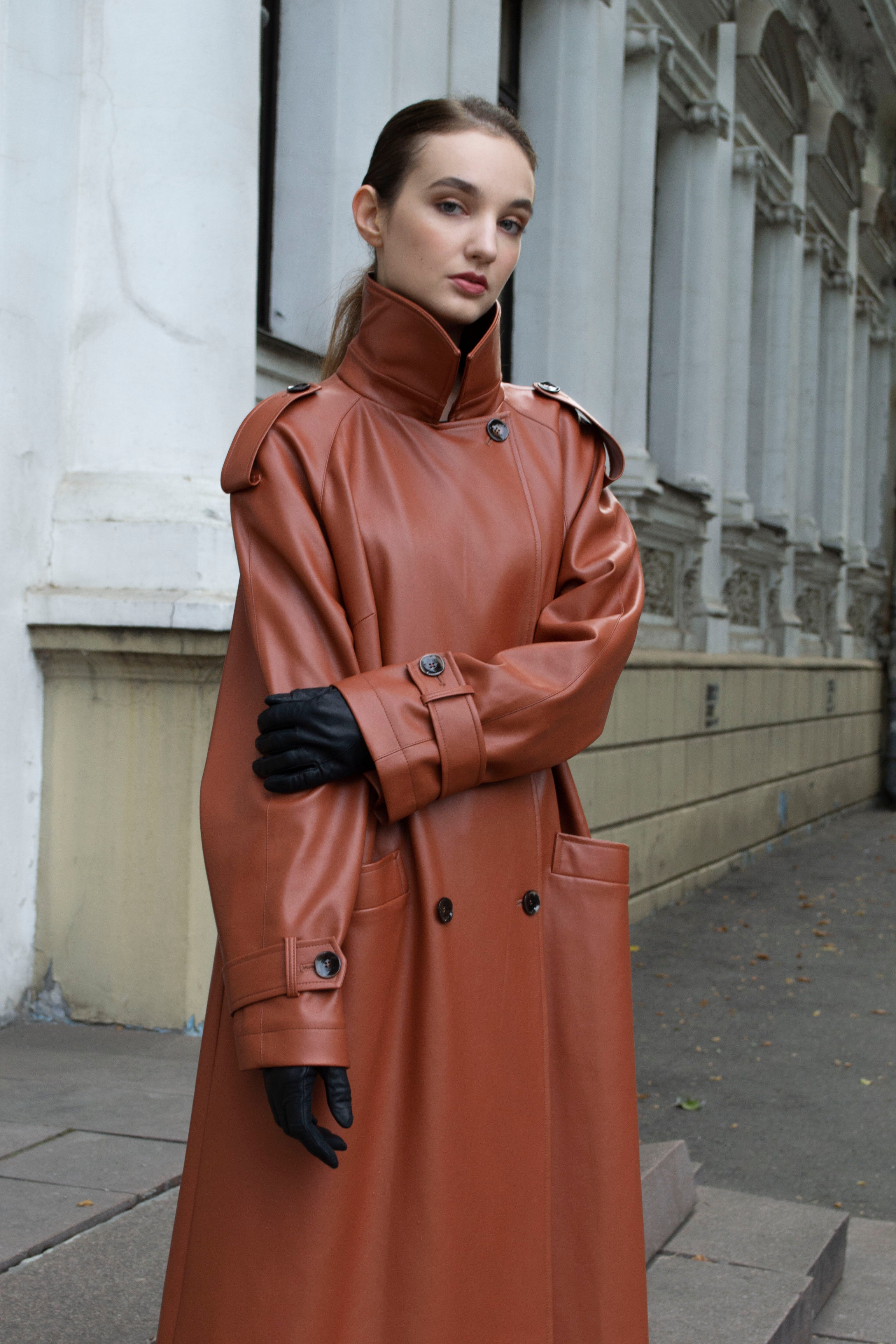 Faux leather trench coat in terra