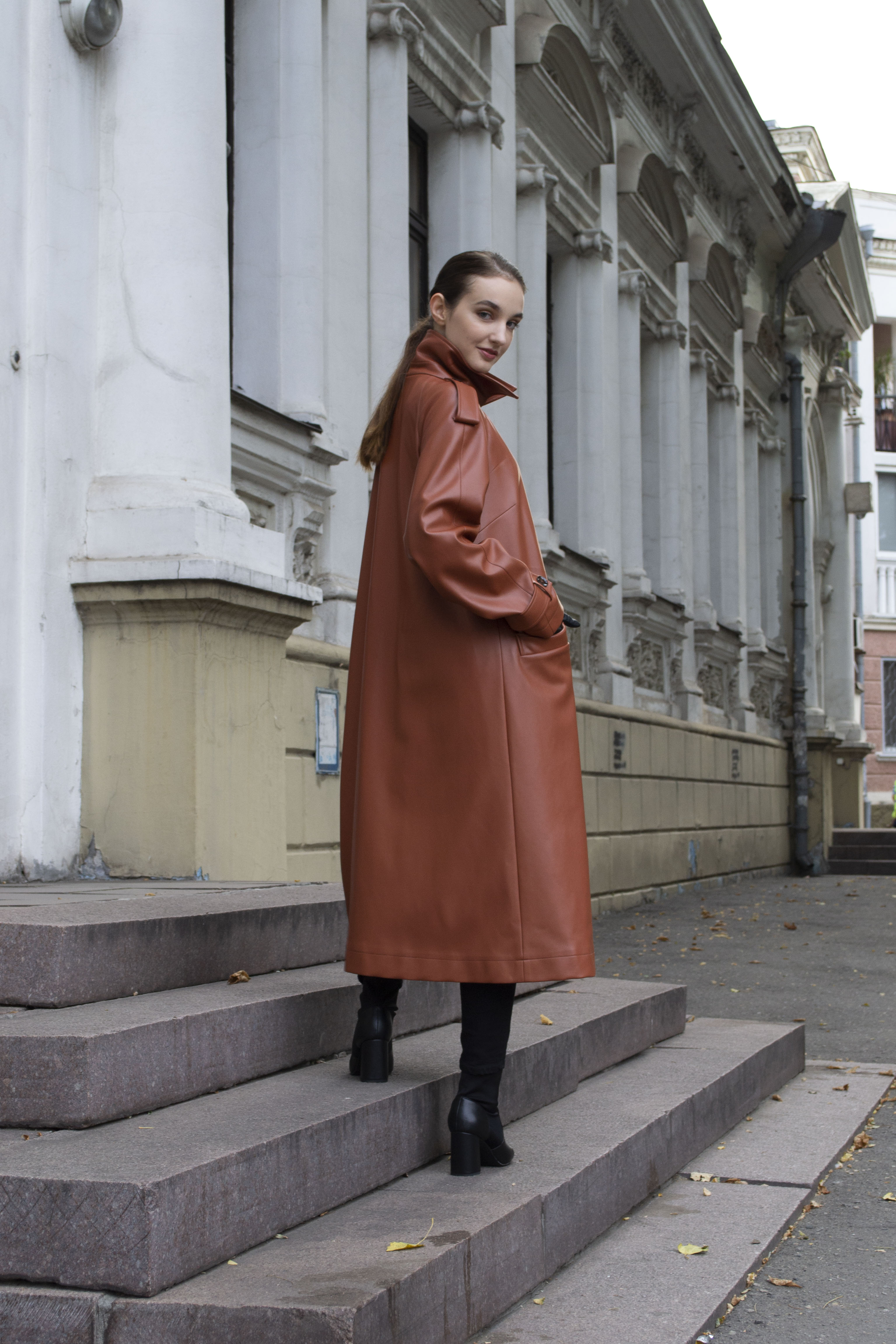 Faux leather trench coat in terra