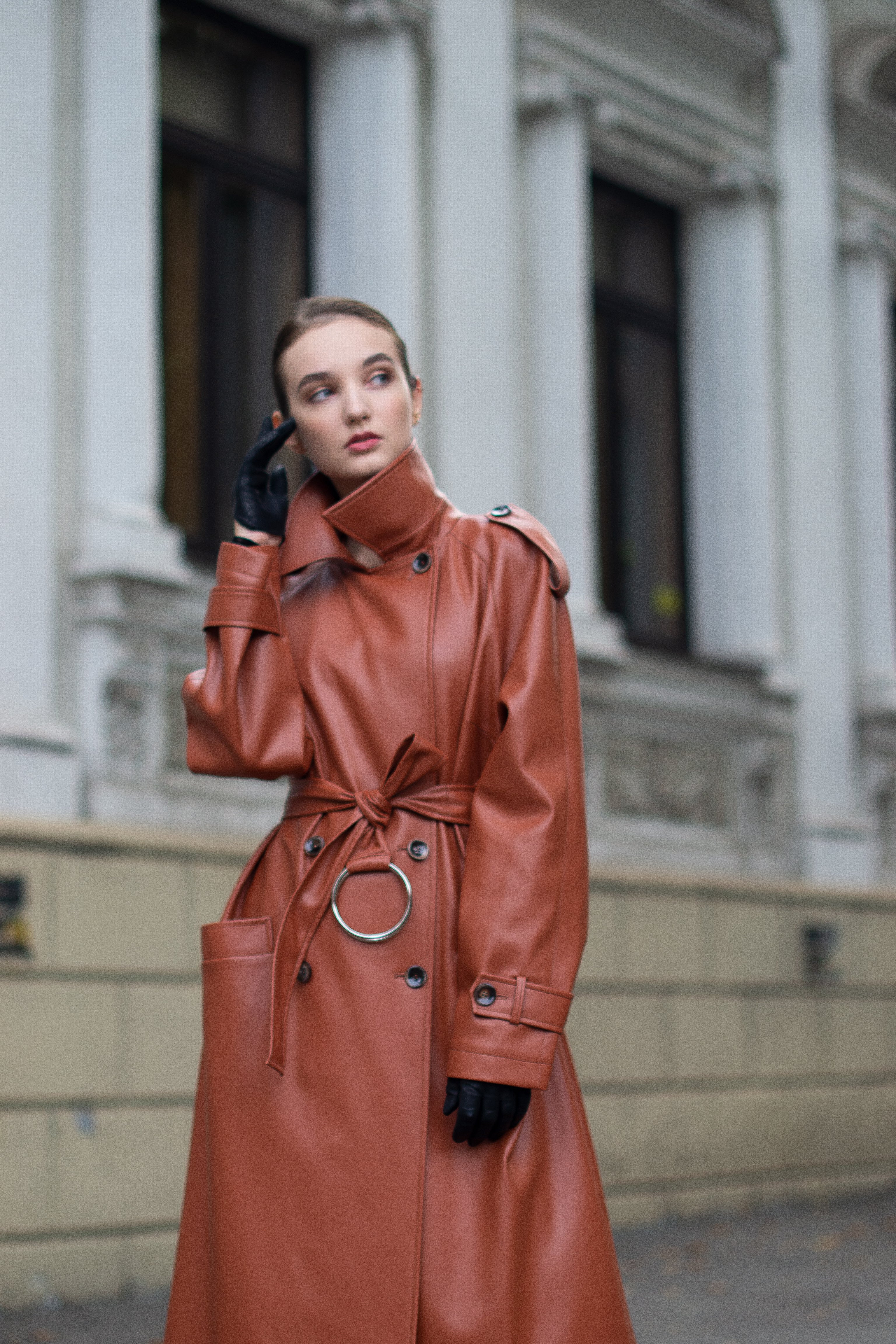Faux leather trench coat in terra