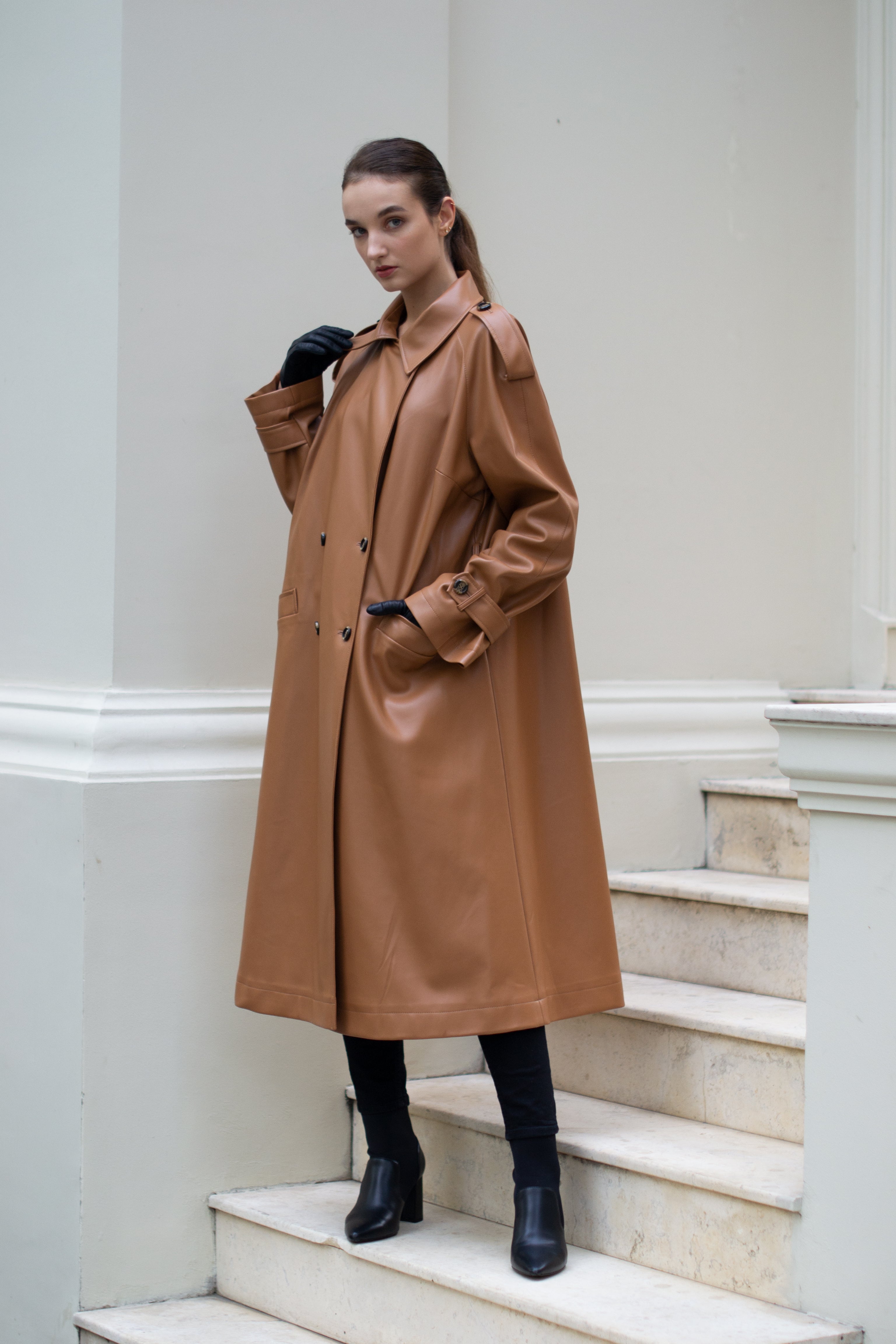 Faux leather trench coat in caramel
