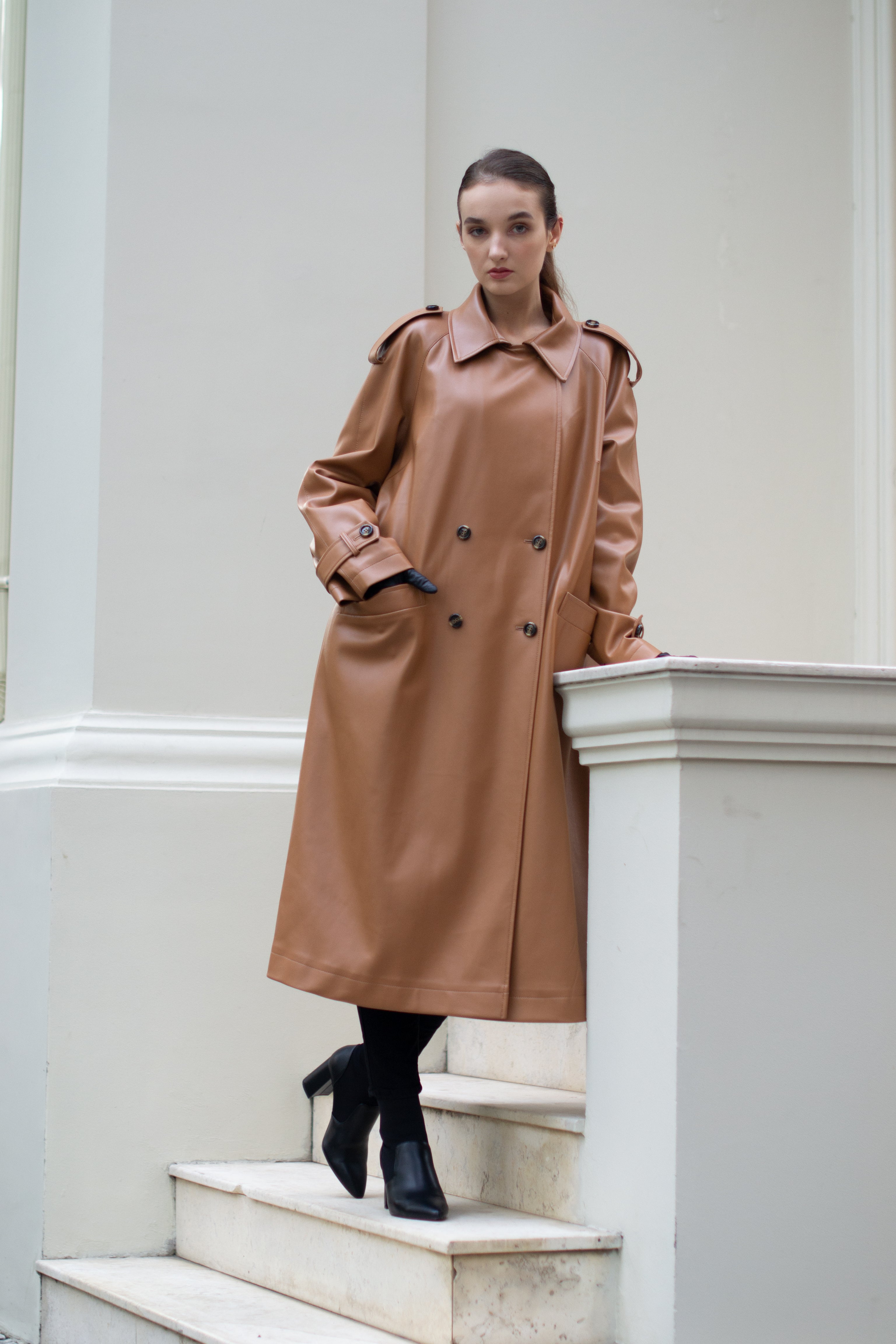 Faux leather trench coat in caramel