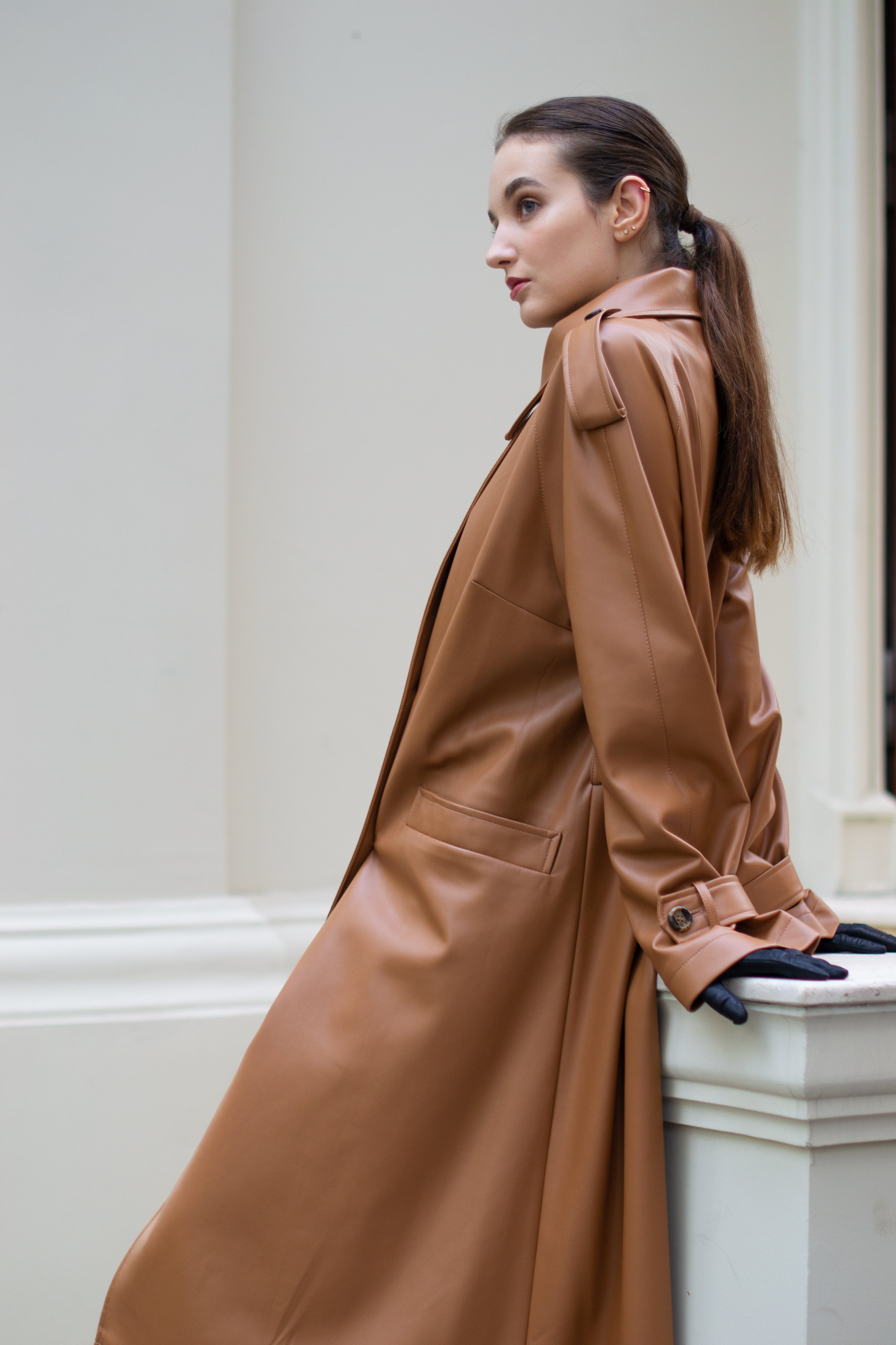 Faux leather trench coat in caramel