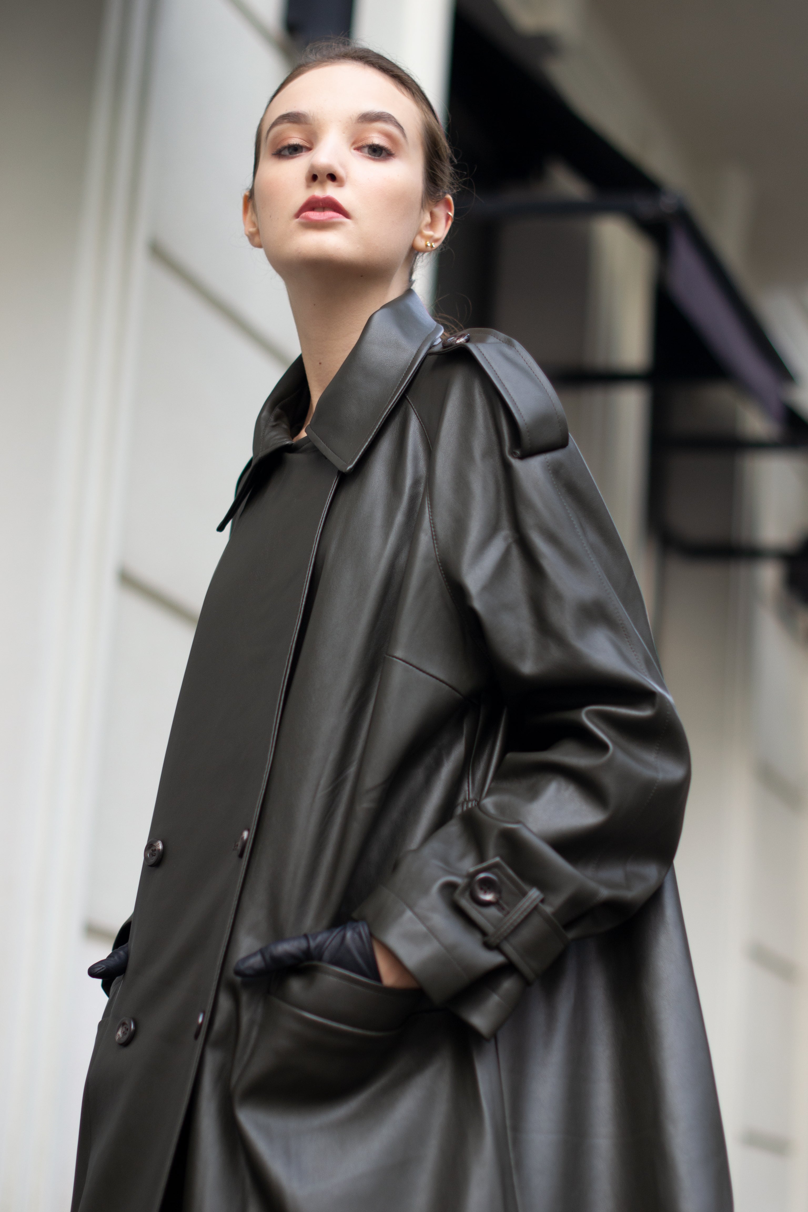 Faux leather trench coat in dark green