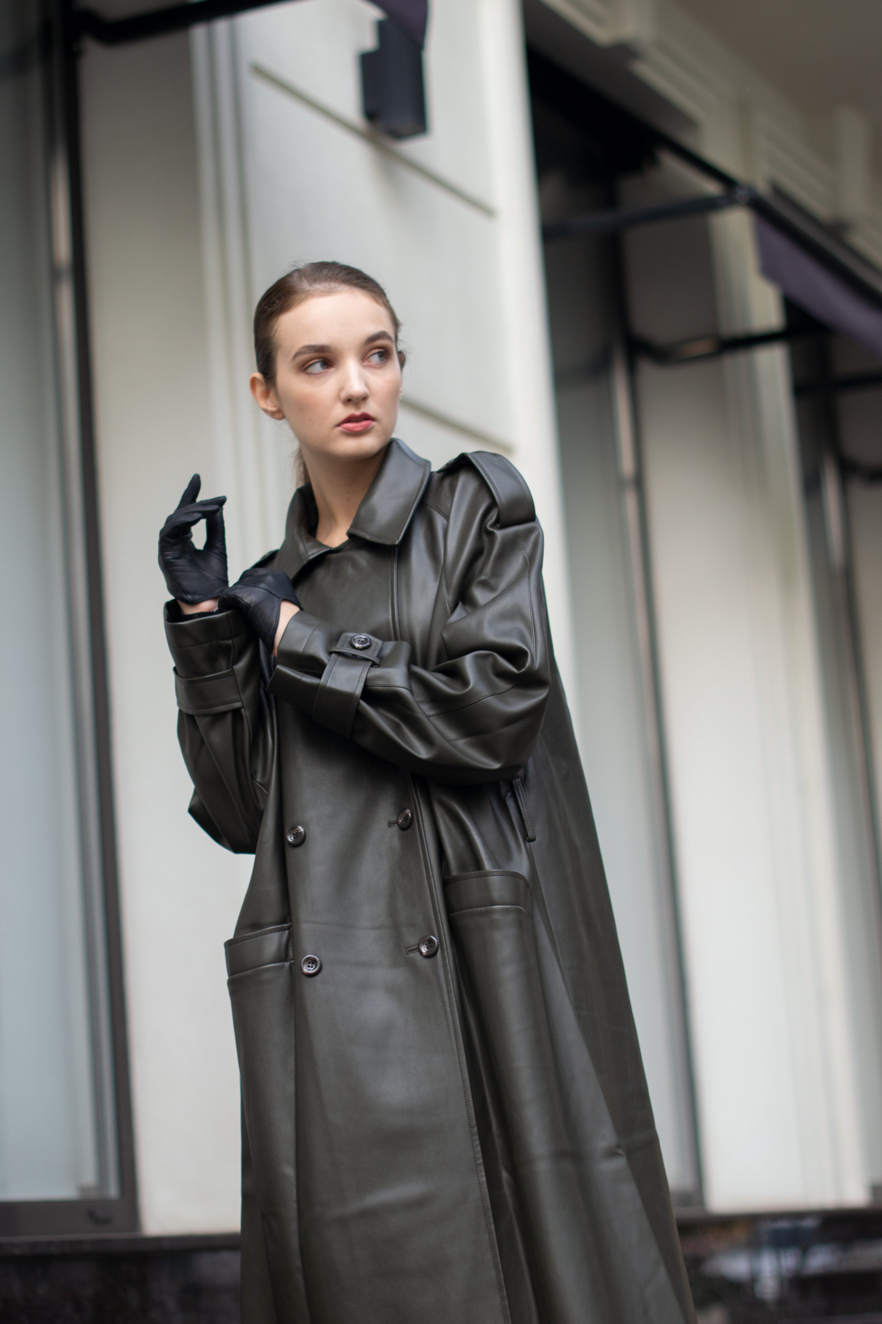 Faux leather trench coat in dark green