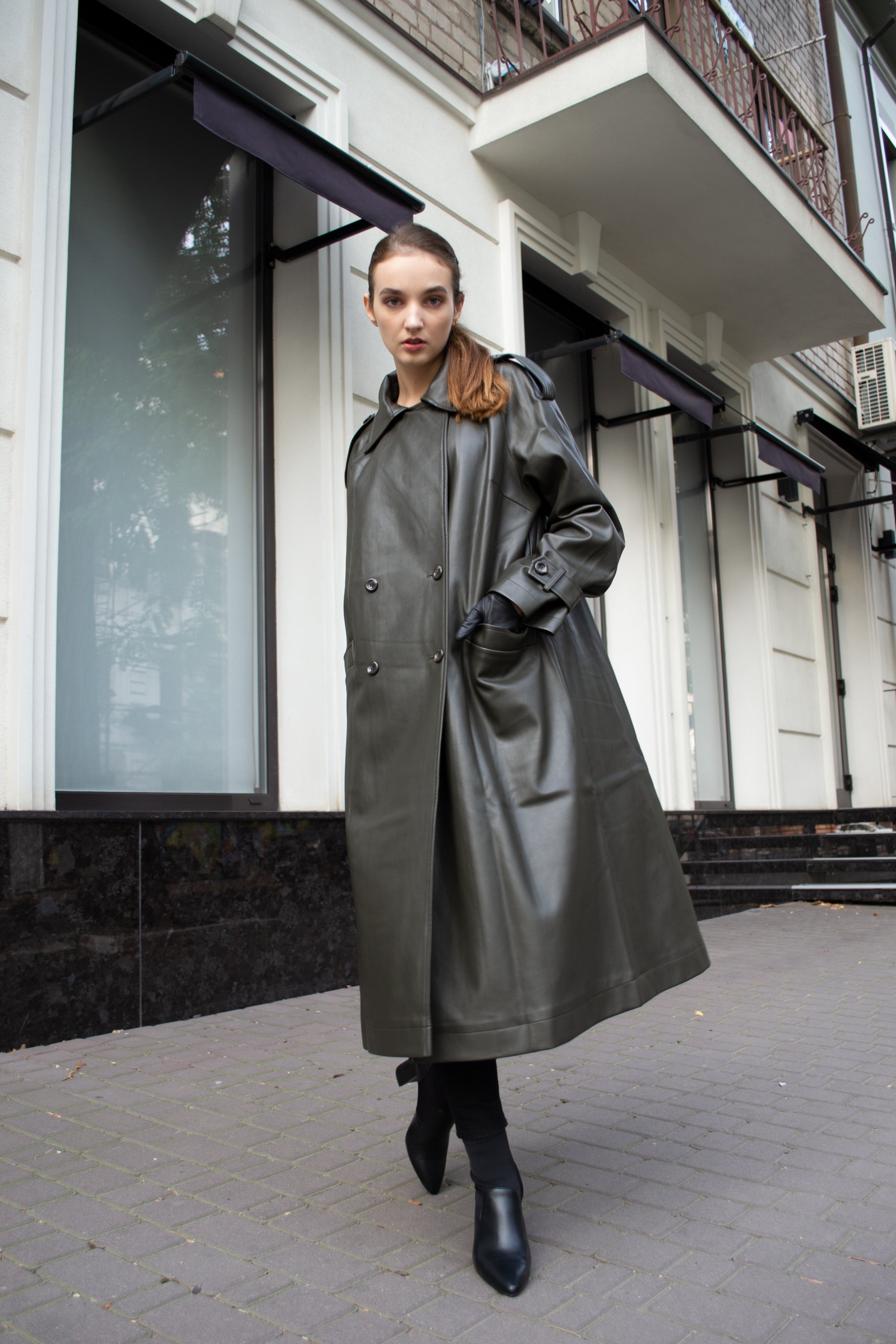 Faux leather trench coat in dark green