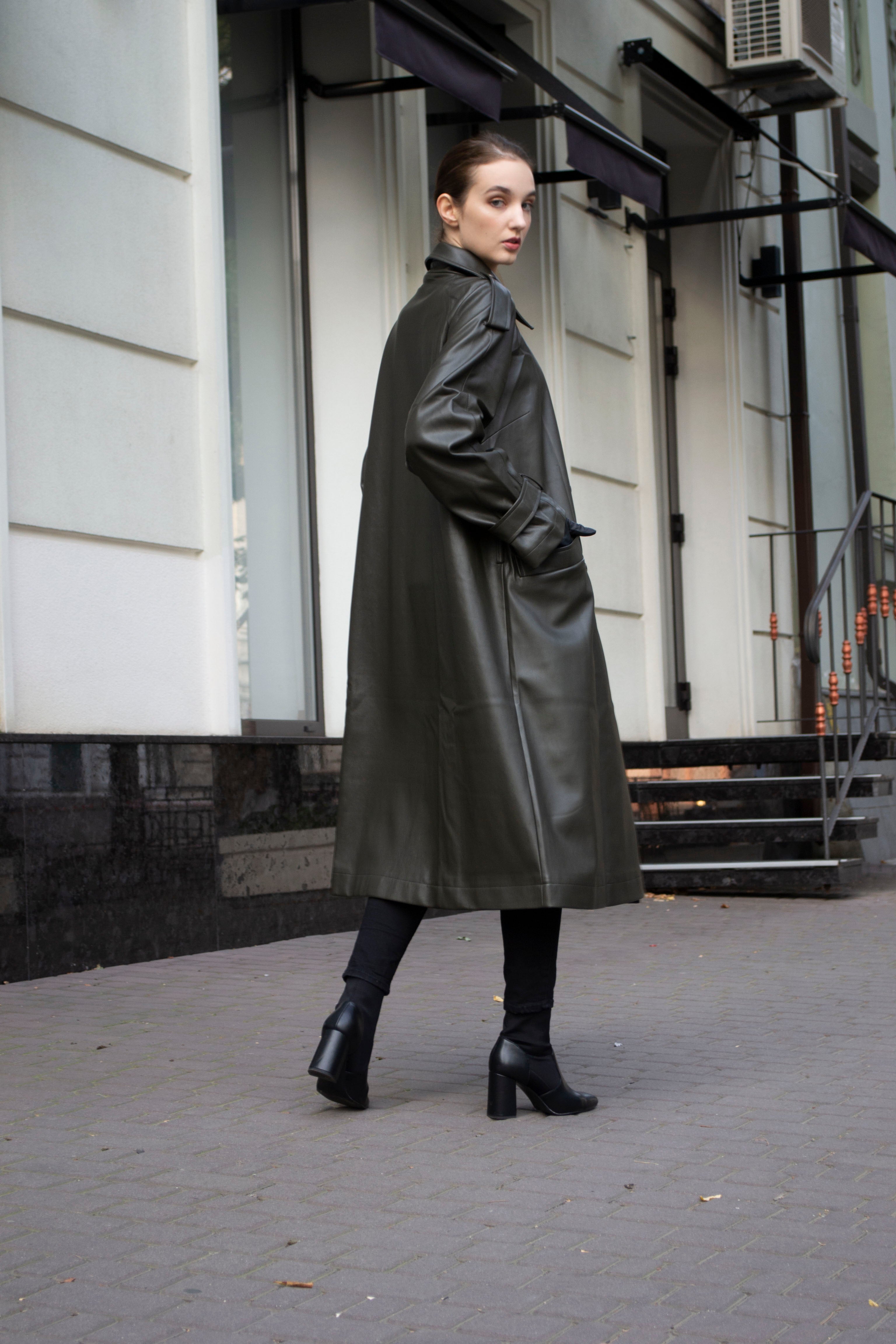 Faux leather trench coat in dark green