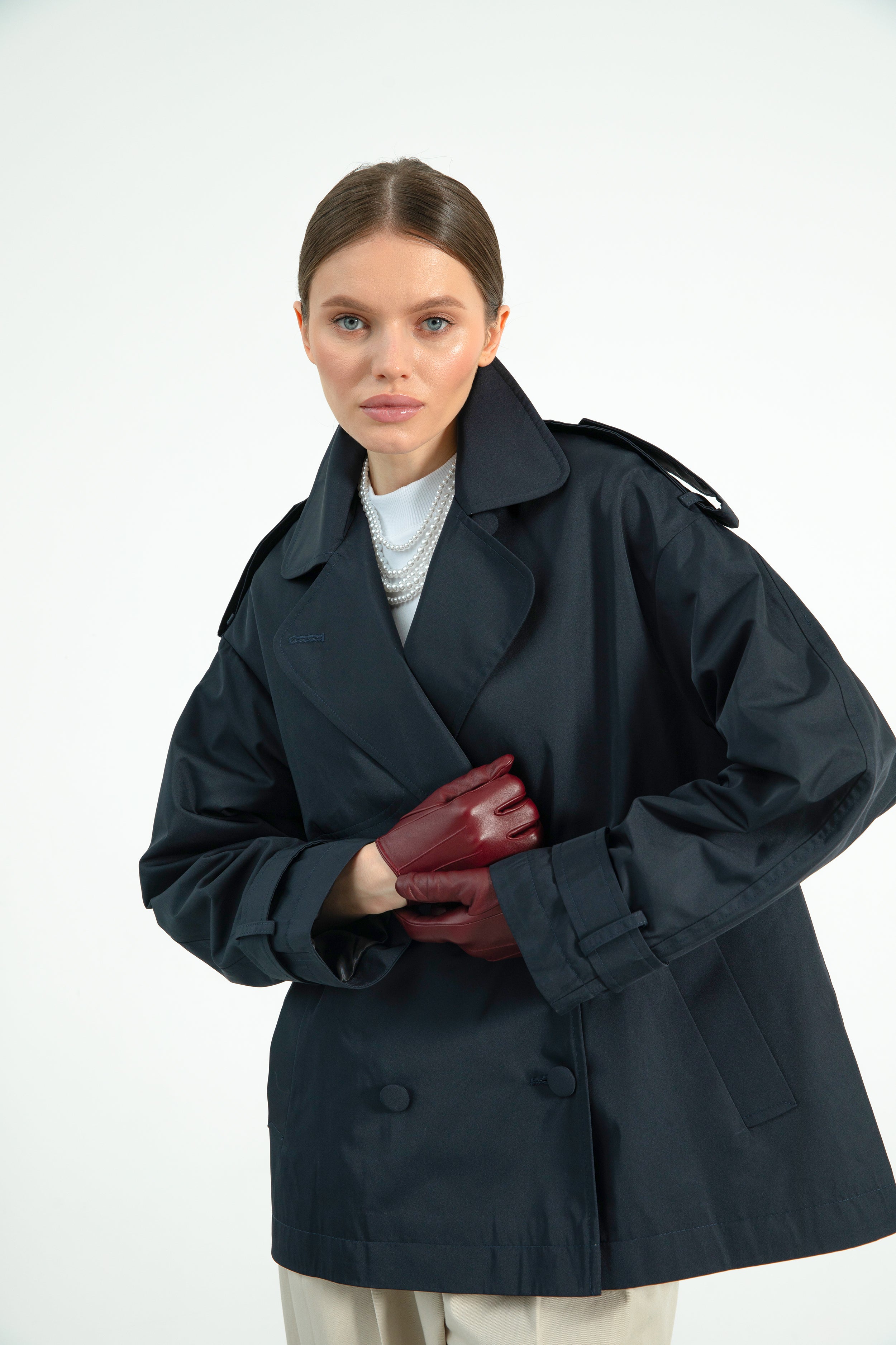 Navy short trench coat best sale